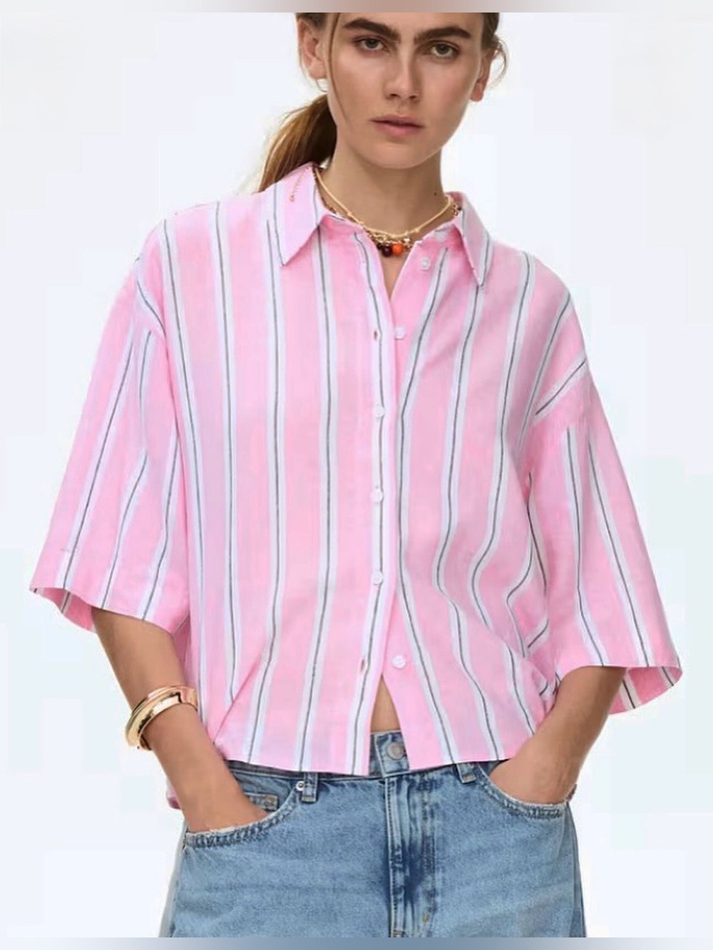 H&M Pink White Black Stripe Boxy Fit Short Sleeve Linen Blend Shirt